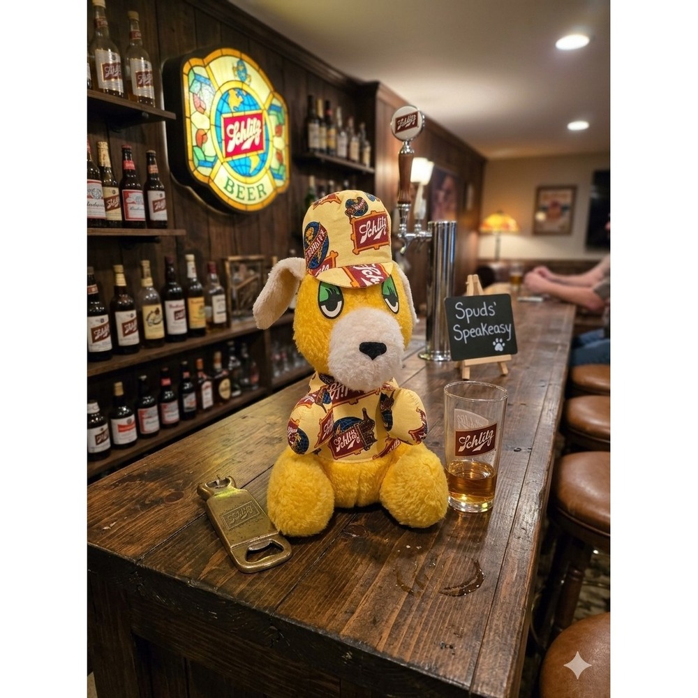 Schlitz Beer Bull Terrier Plush Dog Yellow Hat Shirt 80s Promo Vintage Rare